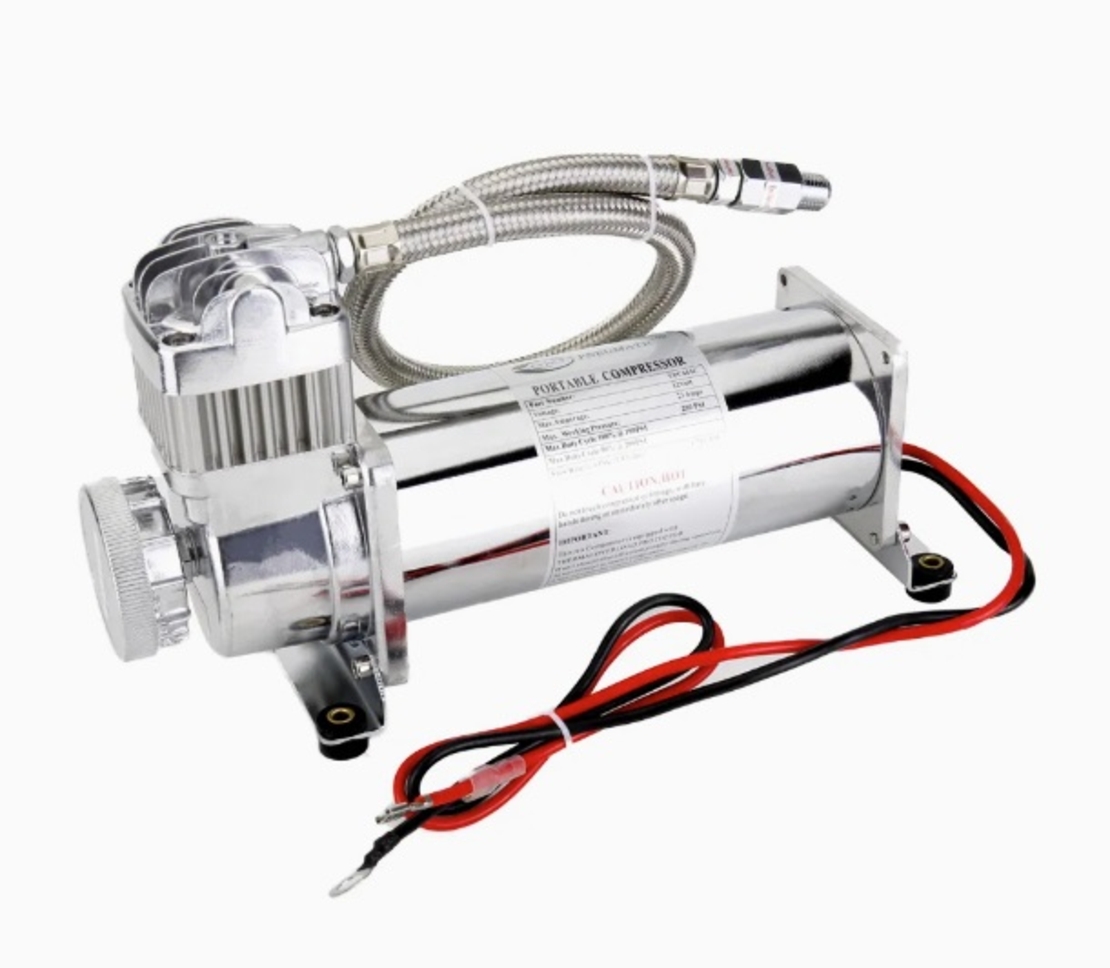 Преносим авто въздушен компресор 12V, 300 PSI, дебит 1.8 CFM, с метален маркуч - за пневматично окачване, офроуд, клаксони и въздушни системи