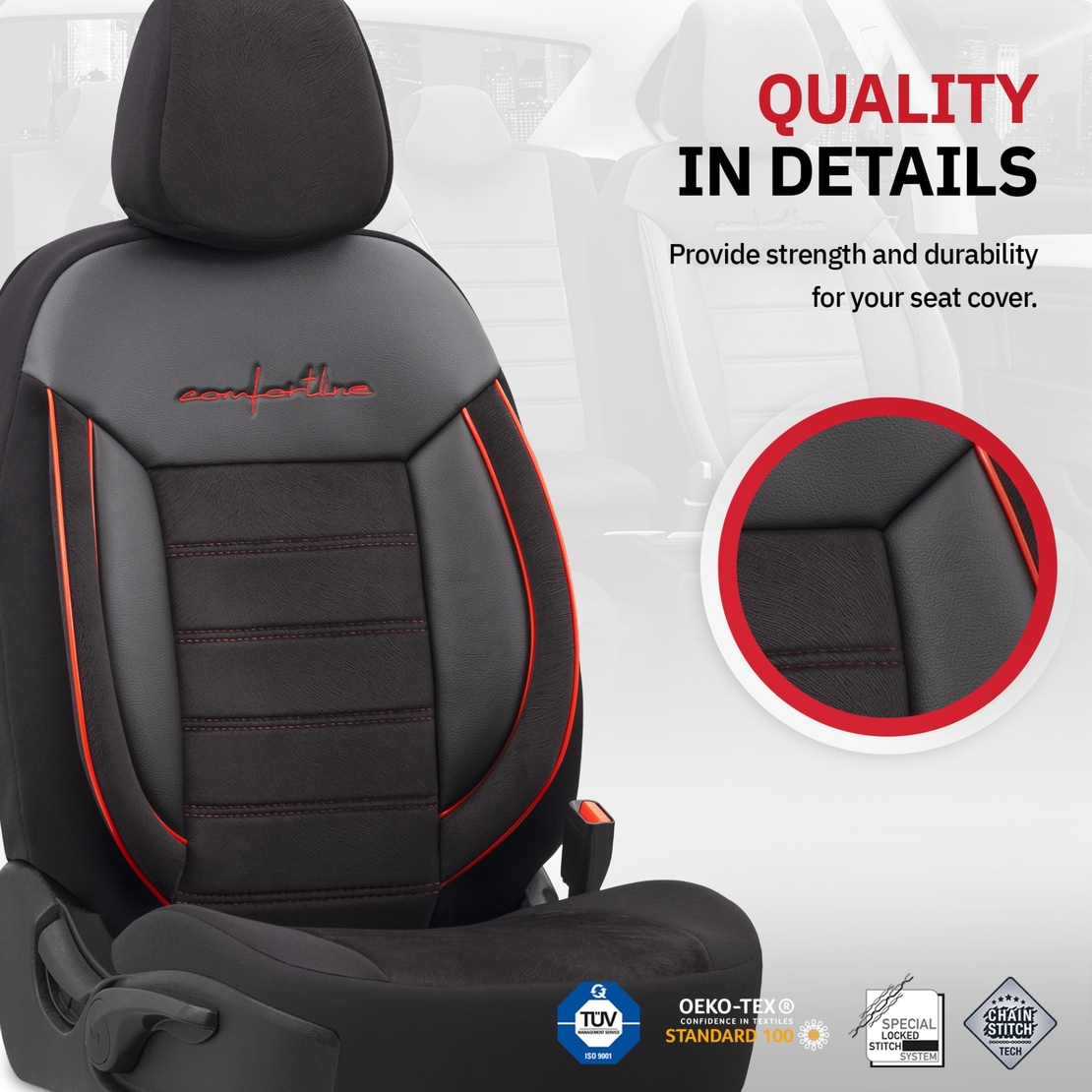 Комплект Луксозна Тапицерия OTOM текстил с еко кожа COMFORT LINE Design – Черна с червен шев, за Предни и Задни Седалки