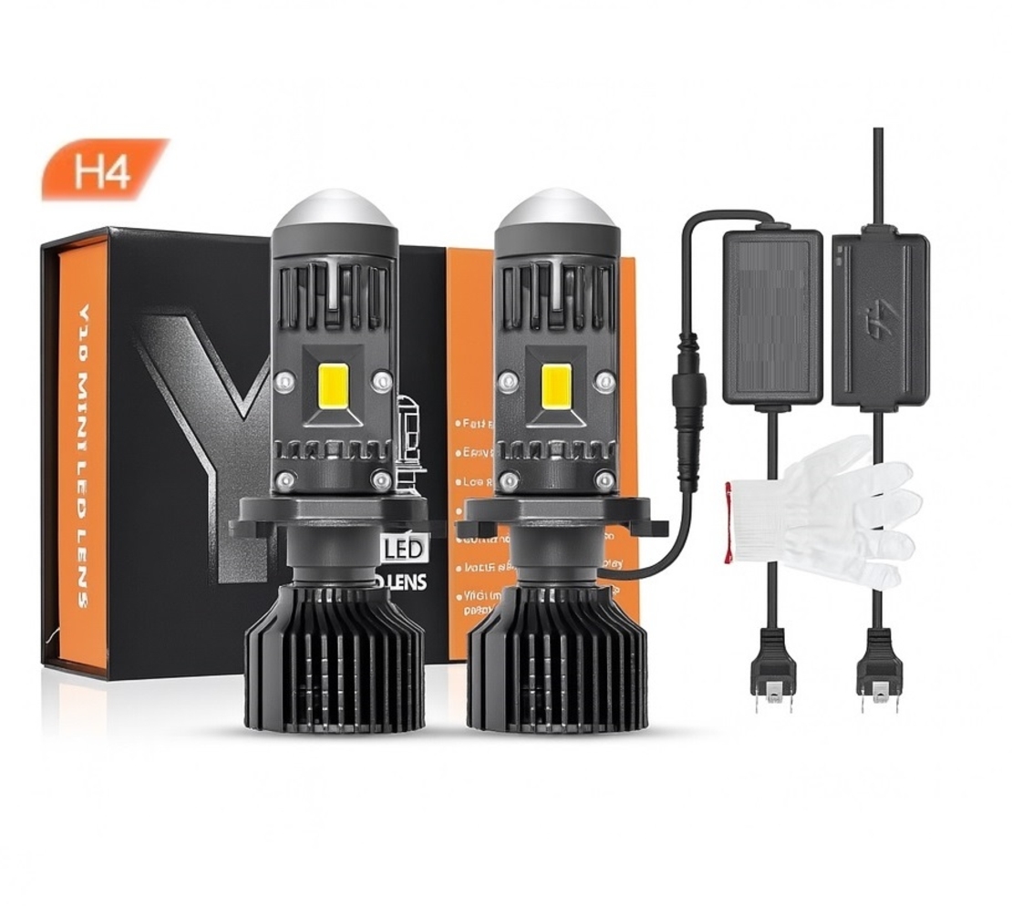 Комплект от 2 броя LED крушки с лупа, Y10 H4, 200%, 60W 6400LM, 6000K, 360° Canbus без грешки – 12V