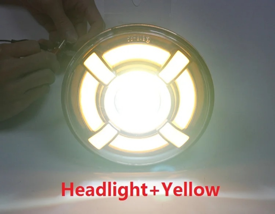 Универсален 7 инча 18см ЛЕД LED фар лампа халоген 12V-24V къси/дълги с DRL дневни светлини мигач бяло-жълто 4800lm за АТВ джип мотоциклет камион трактор и др.