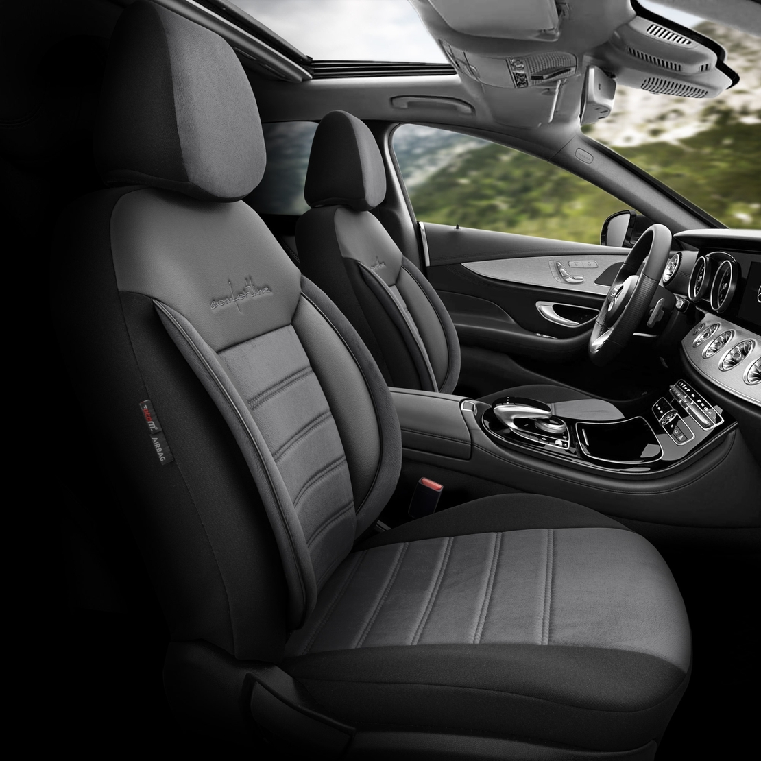 Комплект Луксозна Тапицерия OTOM текстил с еко кожа COMFORT LINE Design – Сиво-Черна със сив шев, за Предни и Задни Седалки