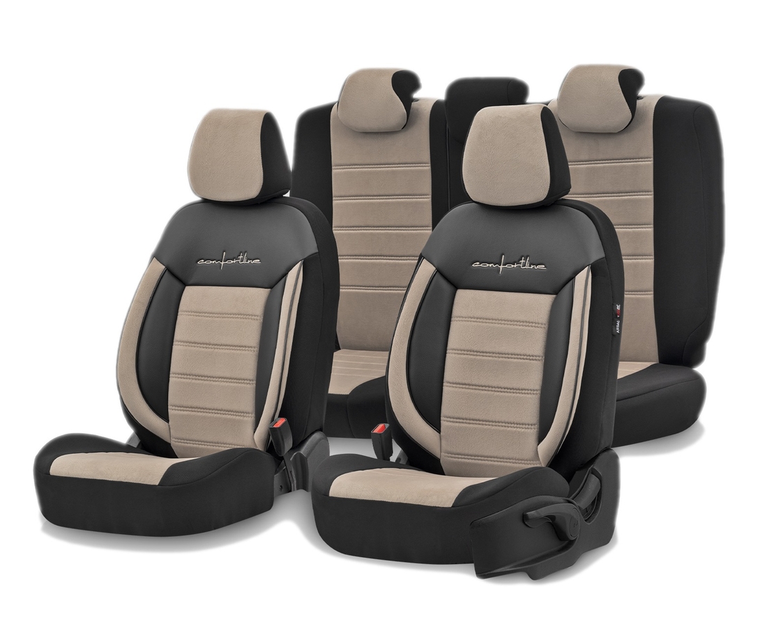 Комплект Луксозна Тапицерия OTOM текстил с еко кожа COMFORT LINE Design – Бежово-Черна с бежов шев, за Предни и Задни Седалки