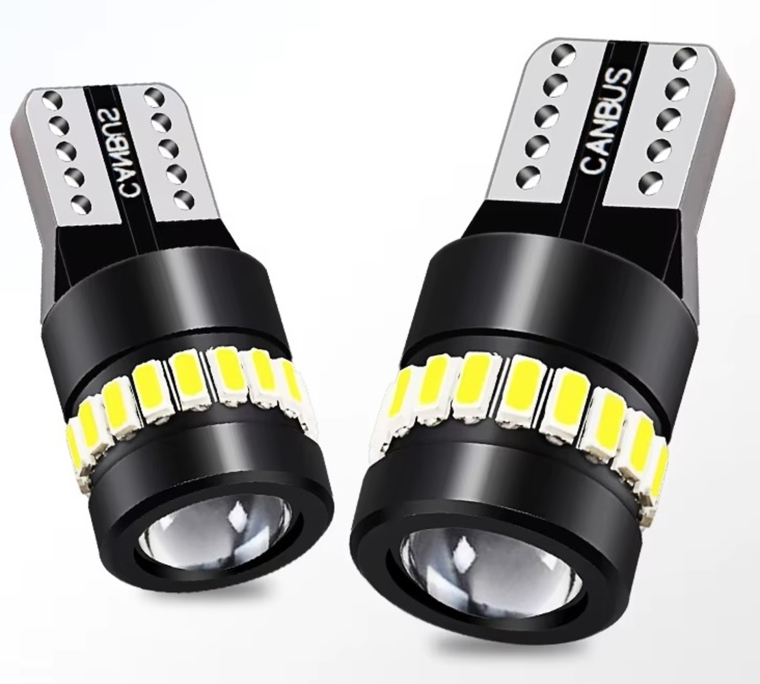 Комплект от 2 броя LED Лед Диодни Крушки За Габарит T10 W5W – 3030 + 3014 SMD, студено бяла светлина 6000K, 12–24V, CANBUS без грешки