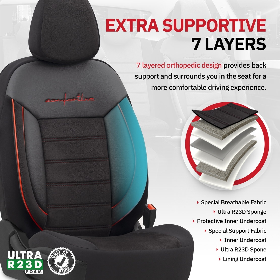 Комплект Луксозна Тапицерия OTOM текстил с еко кожа COMFORT LINE Design – Черна с червен шев, за Предни и Задни Седалки