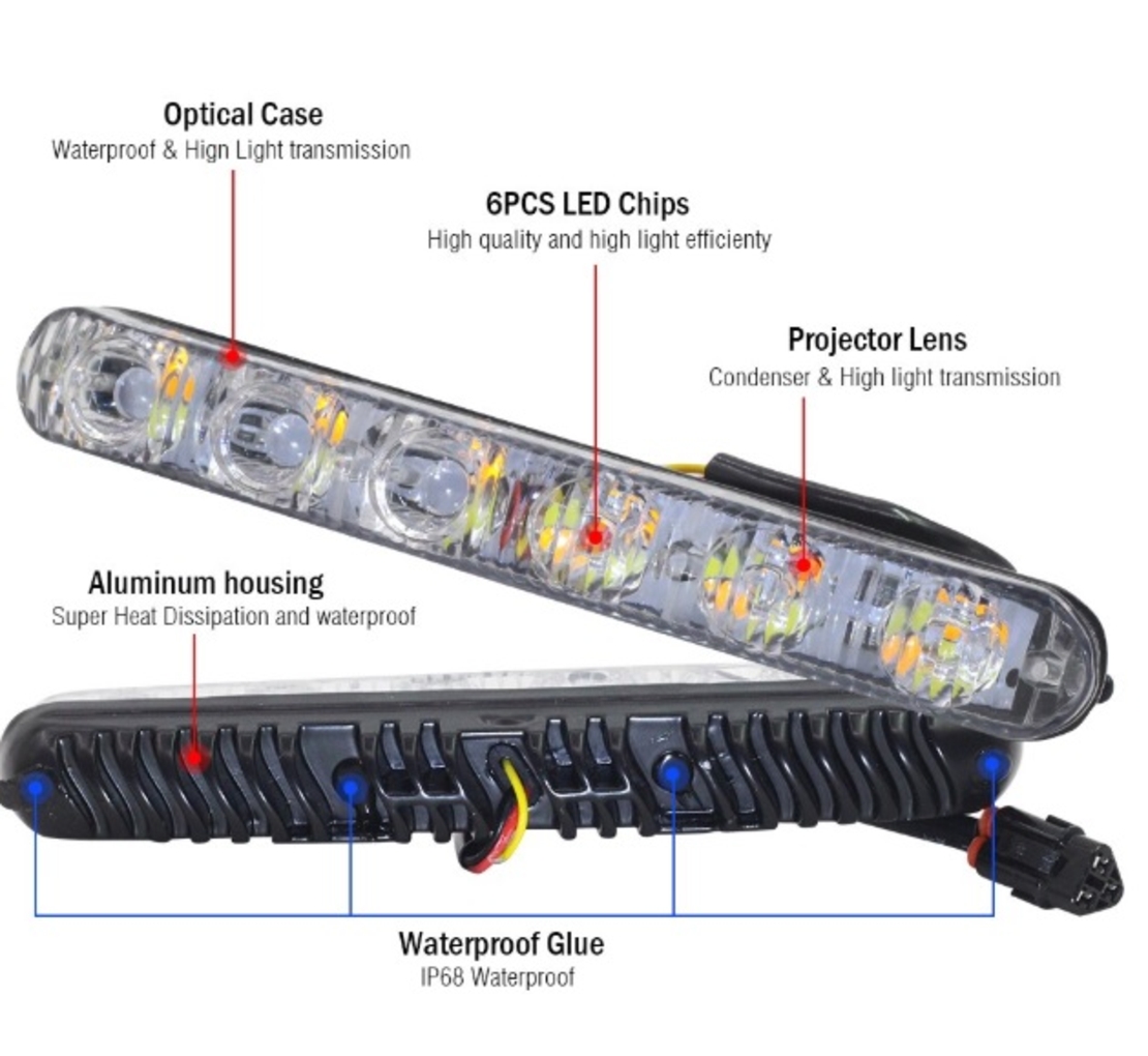Комплект Предни Мощни 9 Led Лед Диодни Дневни Светлини С Мигач - Функция Динамичен Бягащ Мигач - 12V 36W