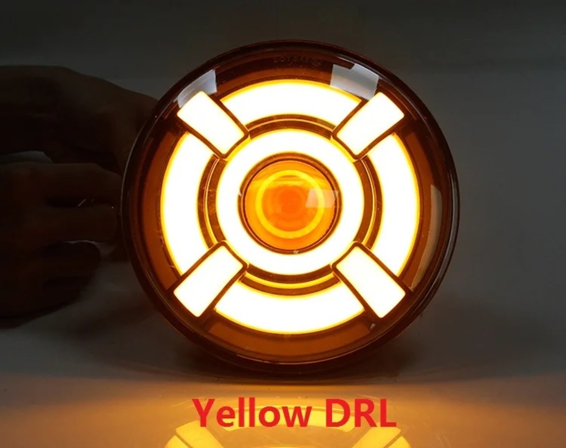 Универсален 7 инча 18см ЛЕД LED фар лампа халоген 12V-24V къси/дълги с DRL дневни светлини мигач бяло-жълто 4800lm за АТВ джип мотоциклет камион трактор и др.