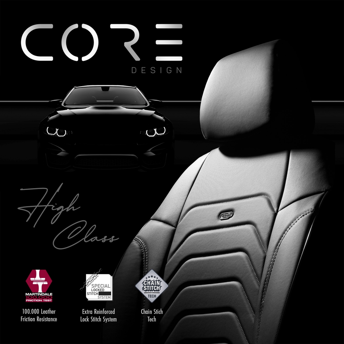 Комплект Луксозна Тапицерия OTOM текстил с еко кожа CORE Design – Черна със сив шев, за Предни и Задни Седалки