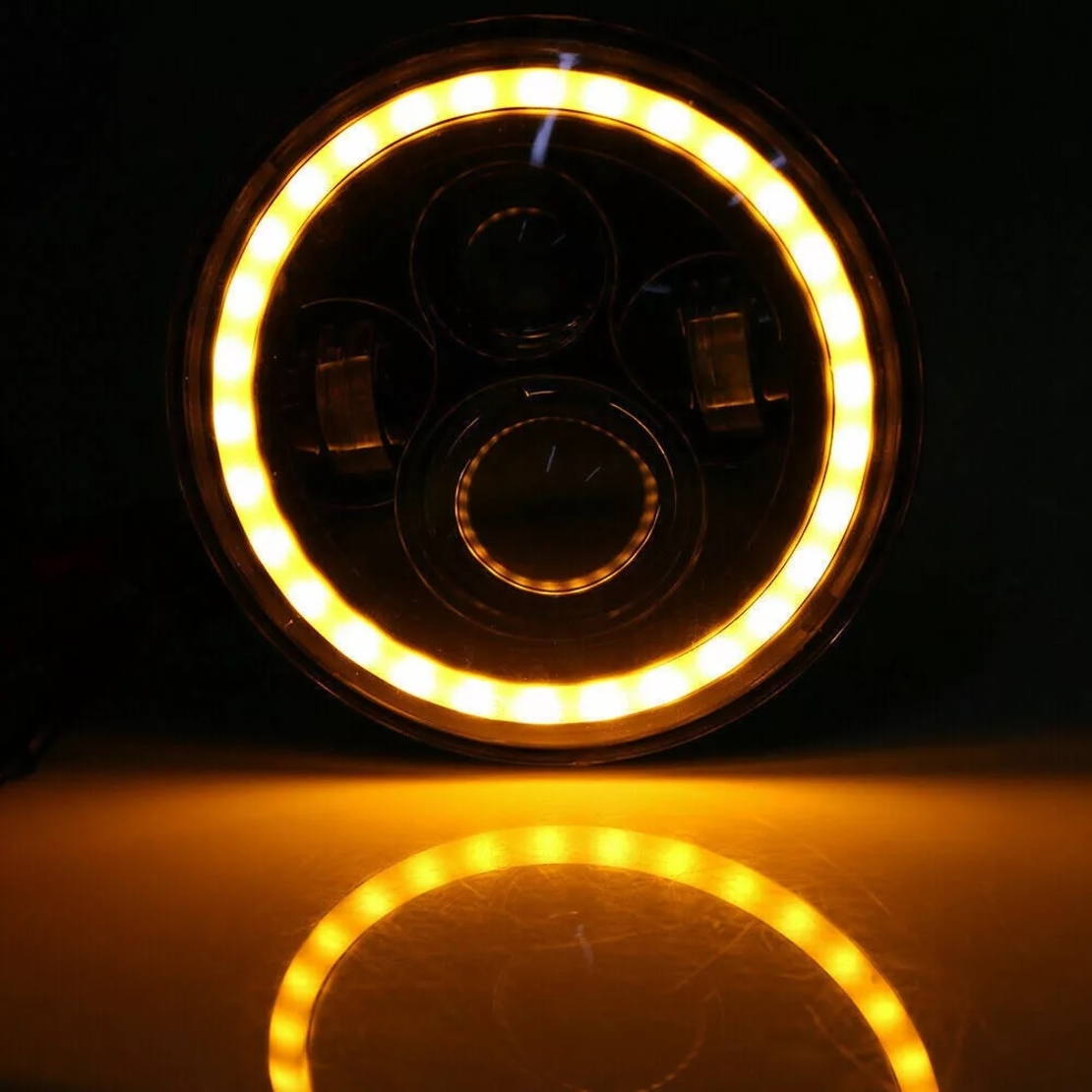 Комплект от 2бр. универсален 7 инча 18см ЛЕД LED фар лампа халоген 12V-24V къси/дълги с DRL дневни светлини мигач бяло-жълто 6500lm за АТВ джип мотоциклет камион трактор и др.
