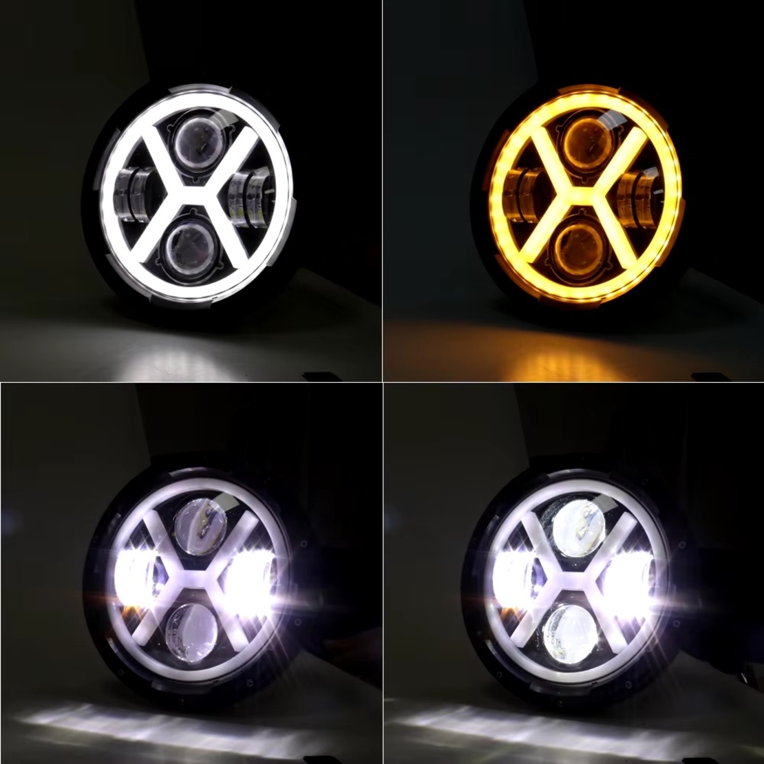 Универсален 7 инча 18см ЛЕД LED фар лампа халоген 12V-24V къси/дълги с DRL дневни светлини мигач бяло-жълто 4000lm за АТВ джип мотоциклет камион трактор и др.