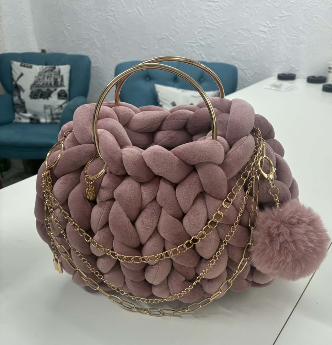 РЪЧНО ПЛЕТЕНА ЧАНТА - AURA LUX -Dust Rose