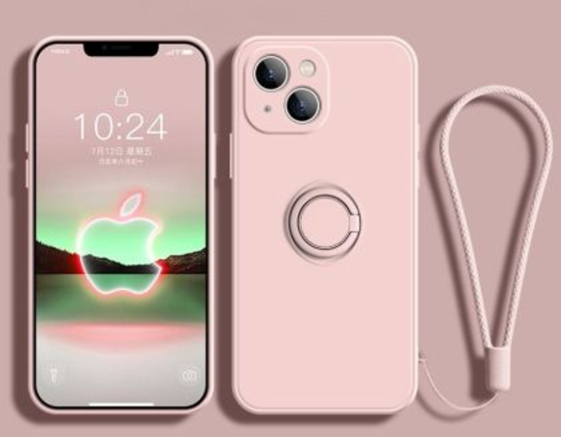 Кейс Vennus Silicone Ring за IPhone 13, Метален ринг, Защита около камерата, Светло розов