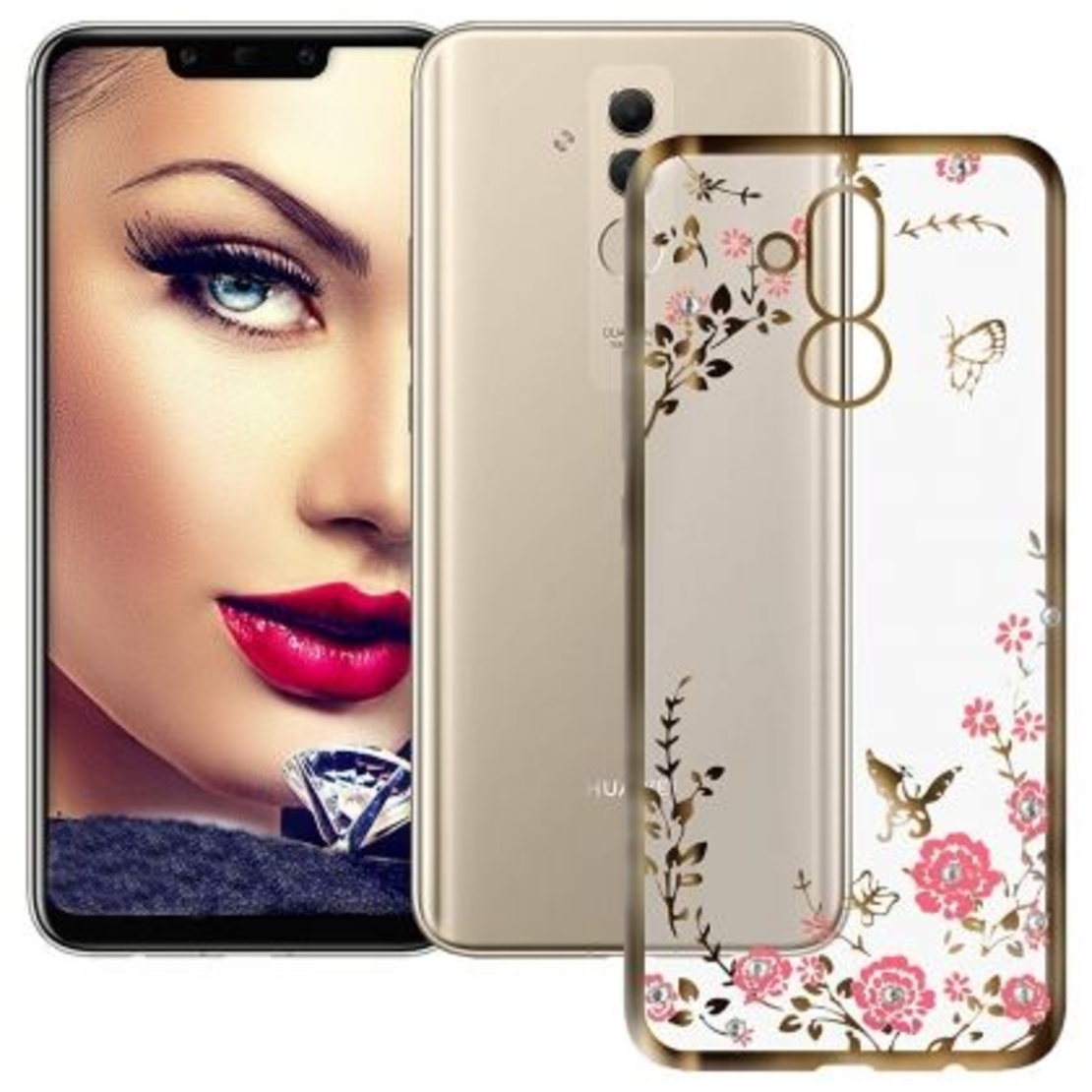 Луксозен гръб Flowers с камъни за Huawei Mate 20 Lite, Златен
