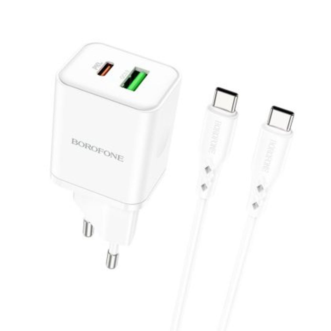 Зарядно Borofone, BN7, PD 20W QC3.0, USB+Type-C, Кабел Type C-Type C, Бързо зареждане, Бяло