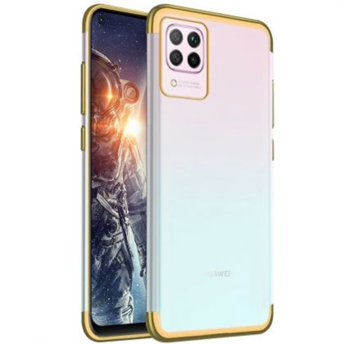 Силиконов прозрачен кейс New Electro за Huawei P40 Lite, Златна гланцирана рамка, Прозрачен