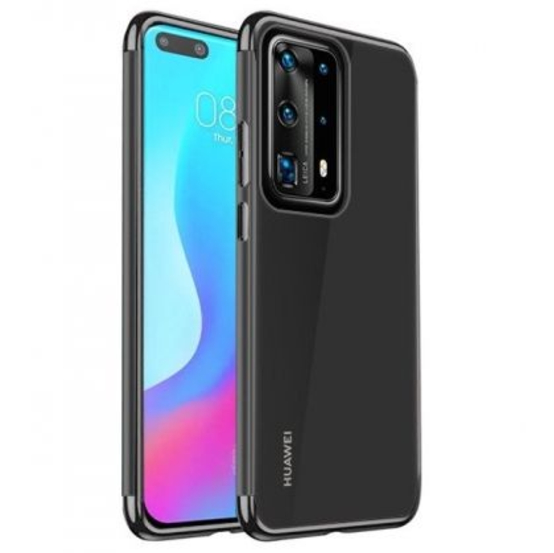 Силиконов прозрачен кейс New Electro за Huawei P40 Pro, Черна гланцирана рамка, Прозрачен