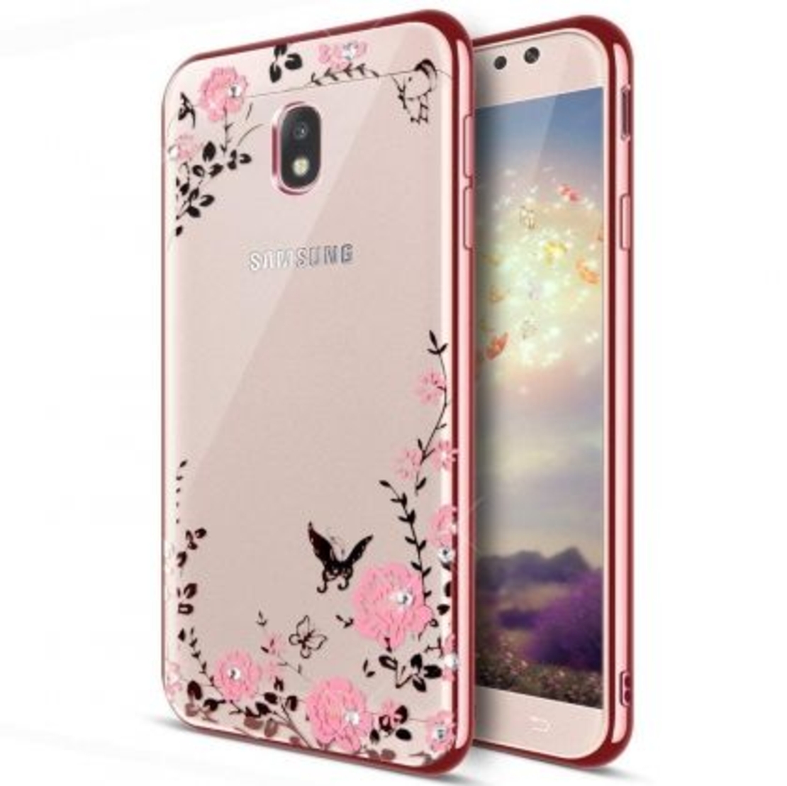 Луксозен гръб Flowers с камъни за Samsung J730F Galaxy J7 (2017), Розово златен