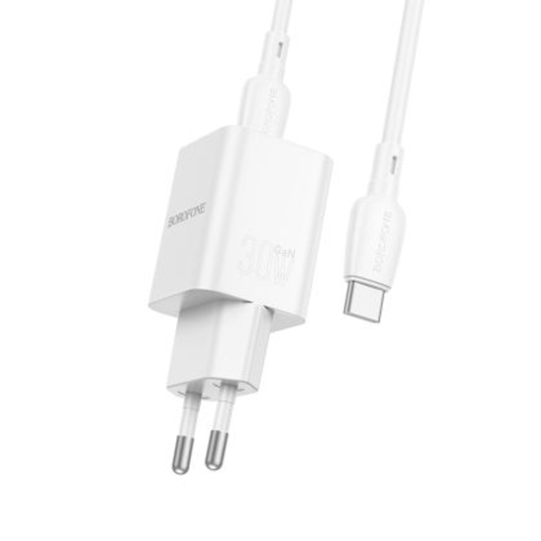 Мрежово зарядно Borofone, BN13 Safety GaN, PD 30W, Type-C, Кабел Type C-Type C, Бързо зареждане, Бяло/Черно