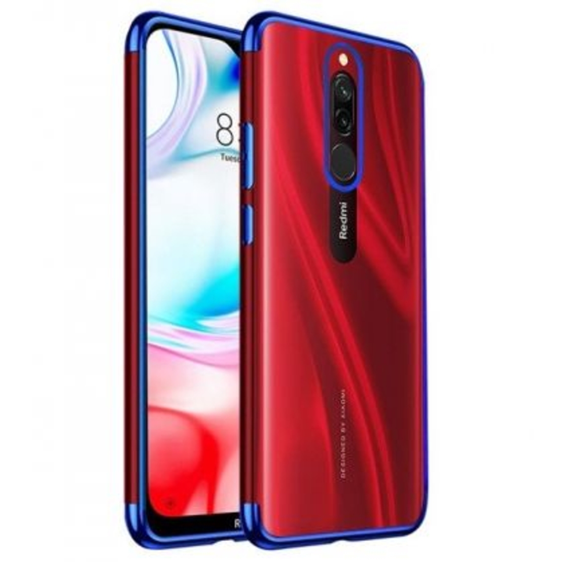 Силиконов прозрачен кейс New Electro за Xiaomi Redmi 8, Синя гланцирана рамка, Прозрачен