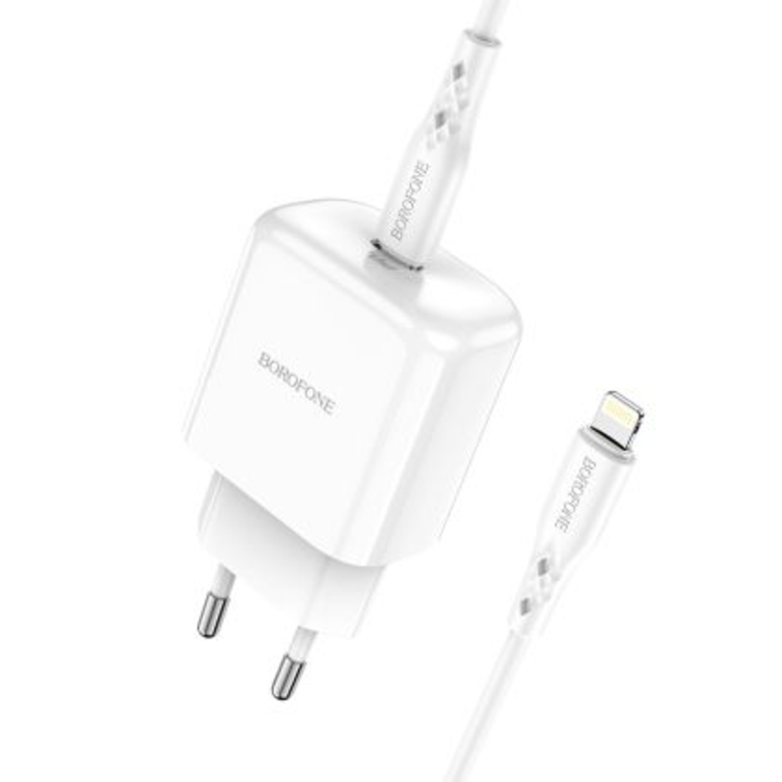Мрежово зарядно Borofone, BN3 Premiun, QC3.0 PD 20W, Кабел Type C-Lightning, Бързо зареждане, Бяло
