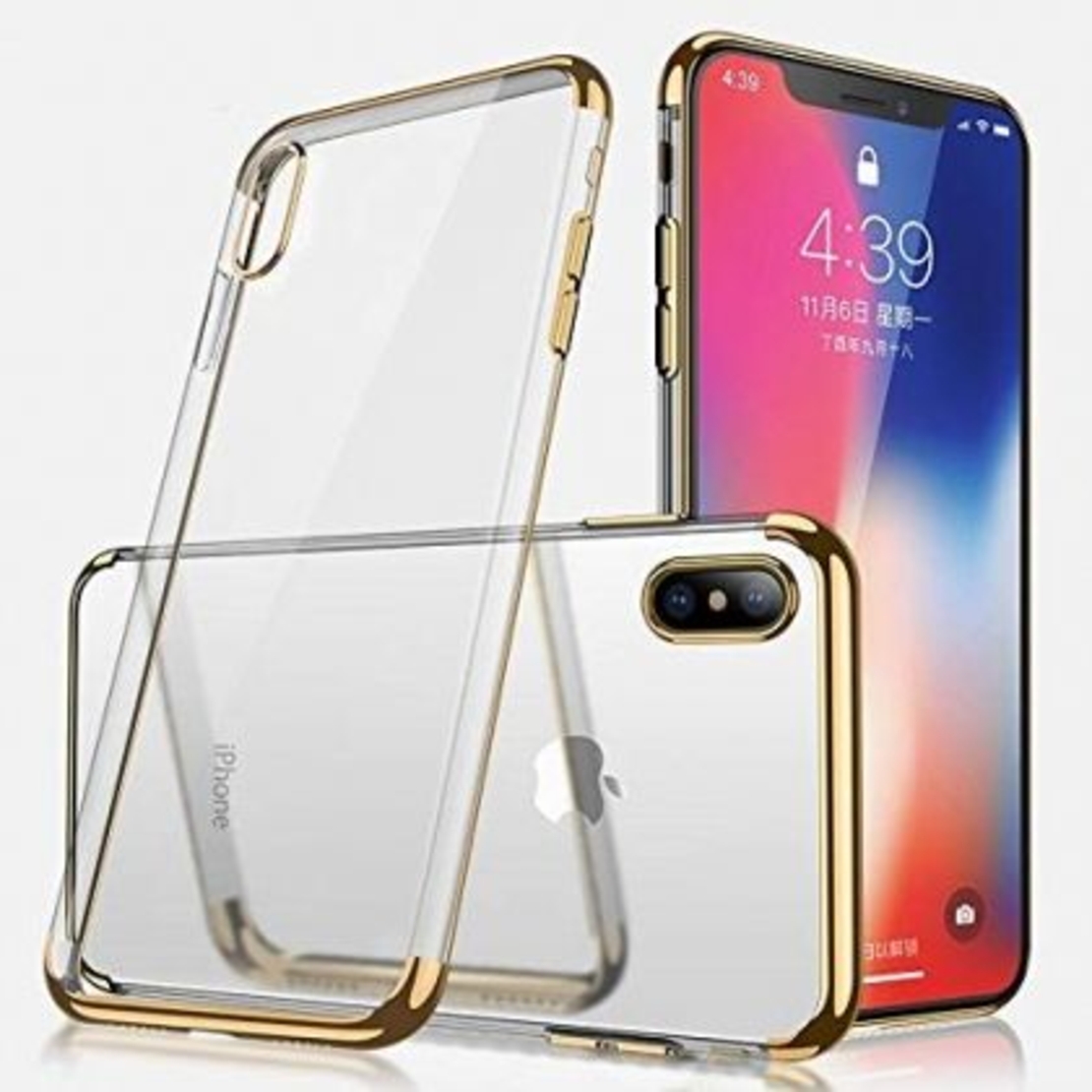 Силиконов прозрачен кейс New Electro за IPhone X/XS, Златна гланцирана рамка, Прозрачен