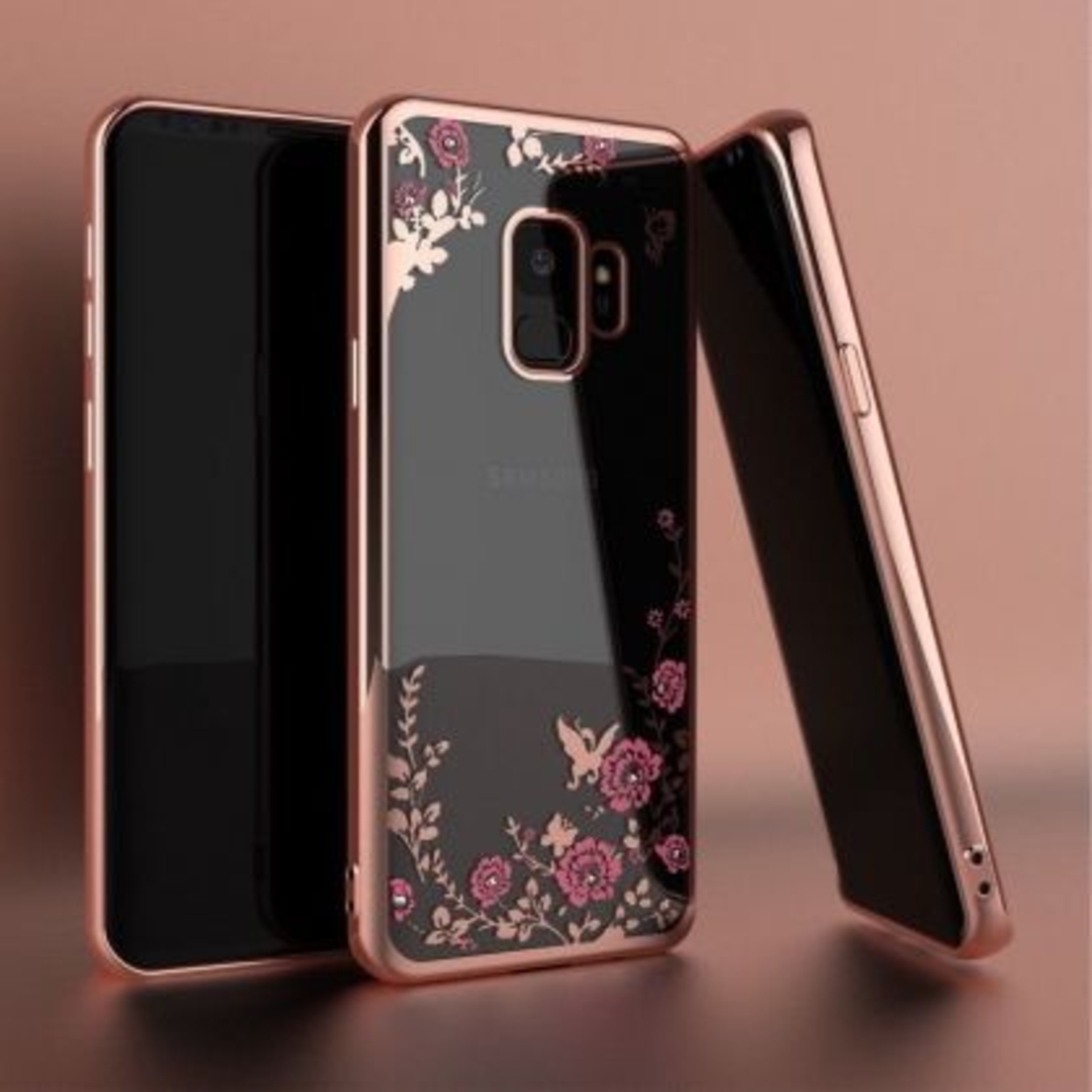 Луксозен гръб Flowers с камъни за Samsung J600 Galaxy J6 2018, Розово златен