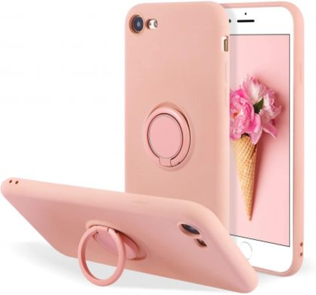 Кейс Vennus Silicone Ring за IPhone 7/8/SE 2020/SE 2022, Метален ринг, Защита около камерата, Бледо розов