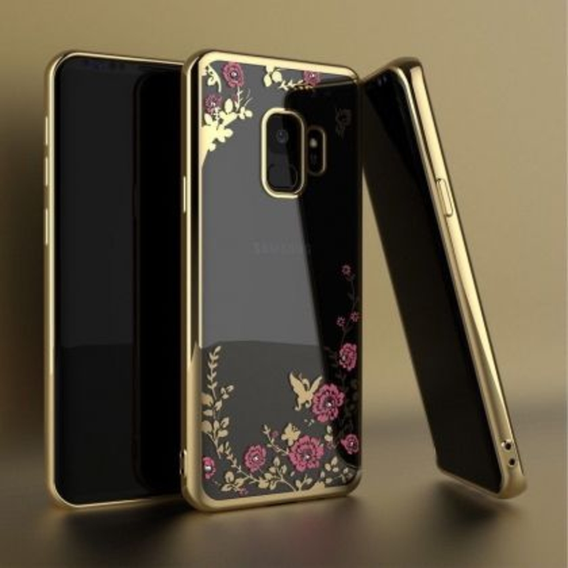 Луксозен гръб Flowers с камъни за Samsung J600 Galaxy J6 2018, Златен