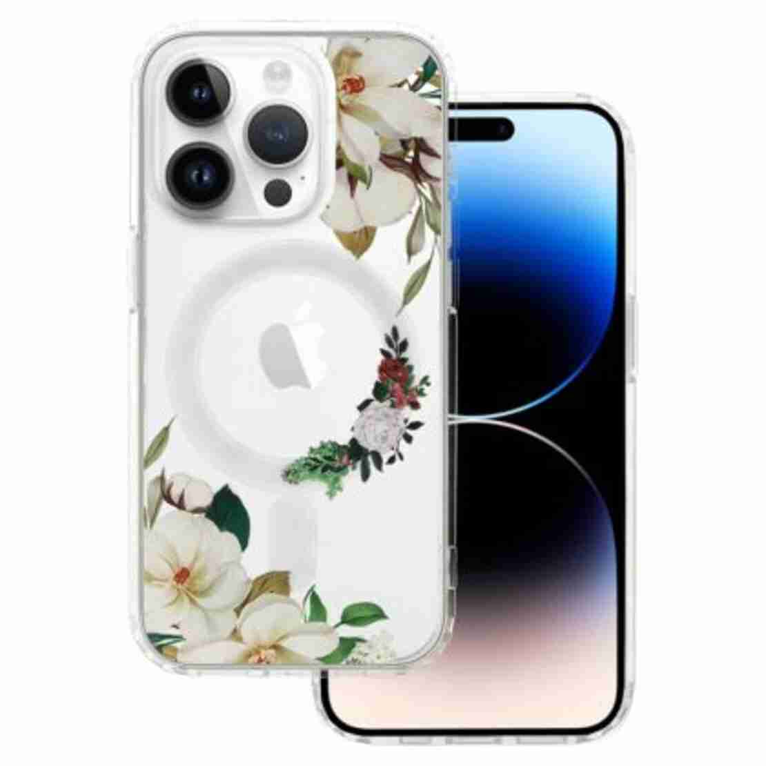 Кейс Magsafe за IPhone 13 Pro, Прозрачен с бели цветя