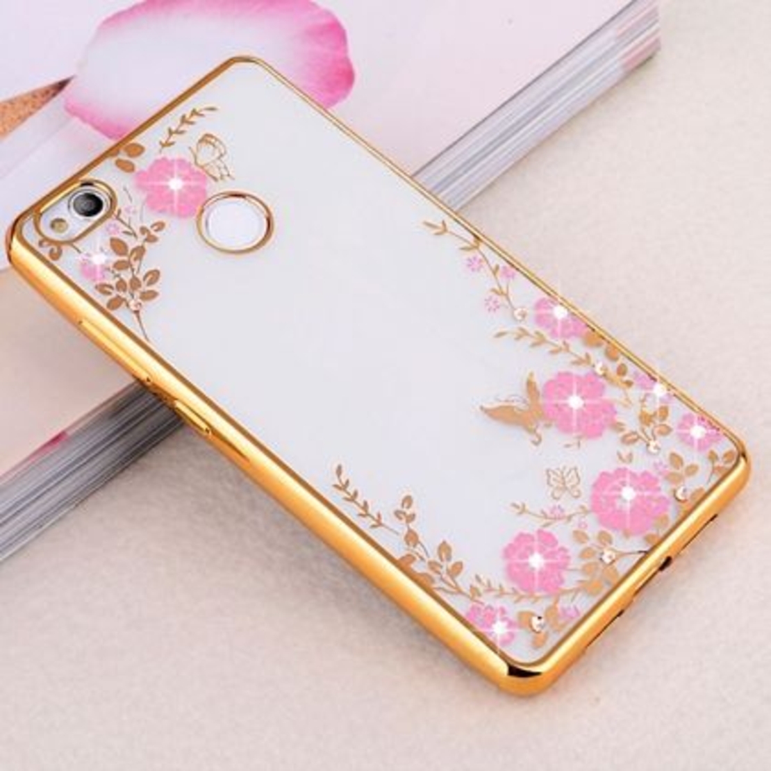 Луксозен прозрачен гръб Flowers с камъни за Huawei P9 Lite mini, Златен