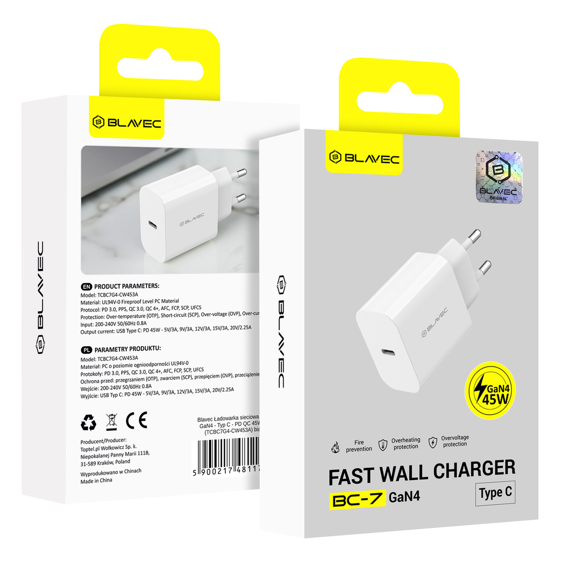 Зарядно адаптер Blavec, BC-7 GaN4, PD QC 45W 3A, Type-C, (TCBC7G4-CW453A), Бързо зареждане, Бяло