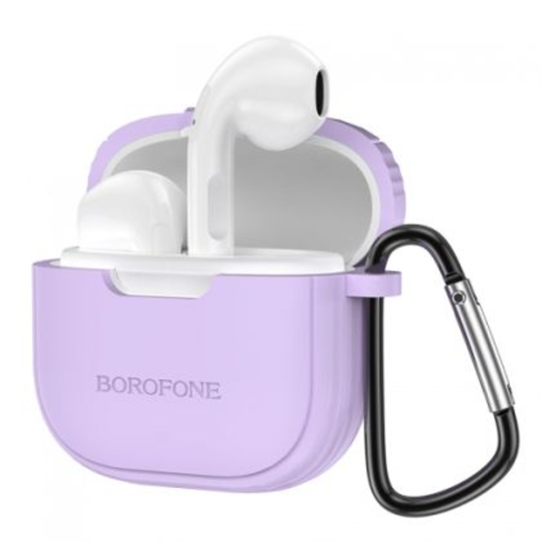Слушалки Borofone, Bluetooth earphones TWS BW29, Charm+лилав силиконов кейс, Бели