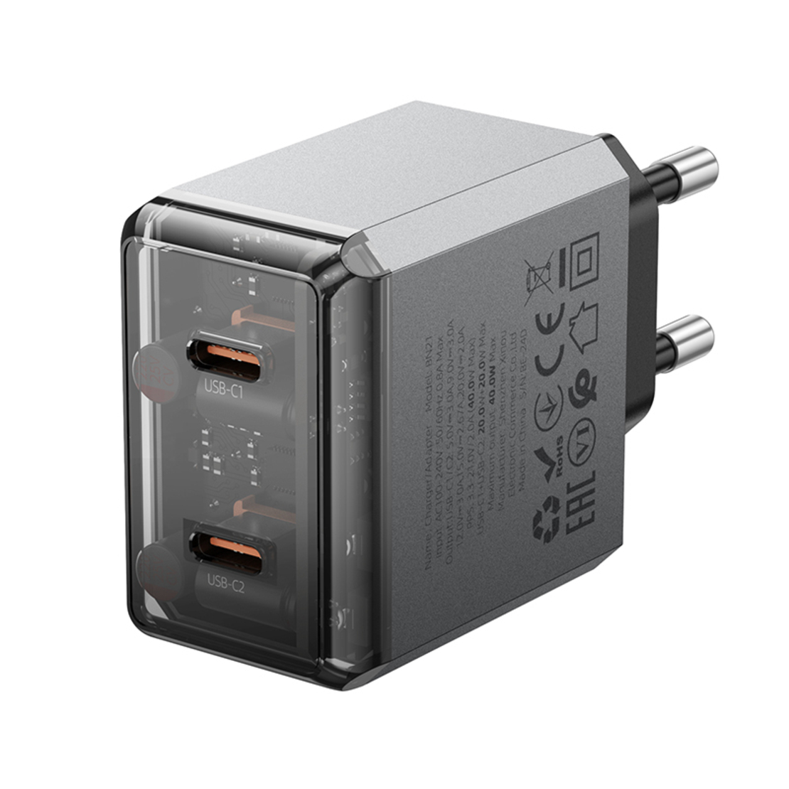 Зарядно адаптер Borofone, BN21 Lena, 2xType C, PD40W, Бързо зареждане, Сиво