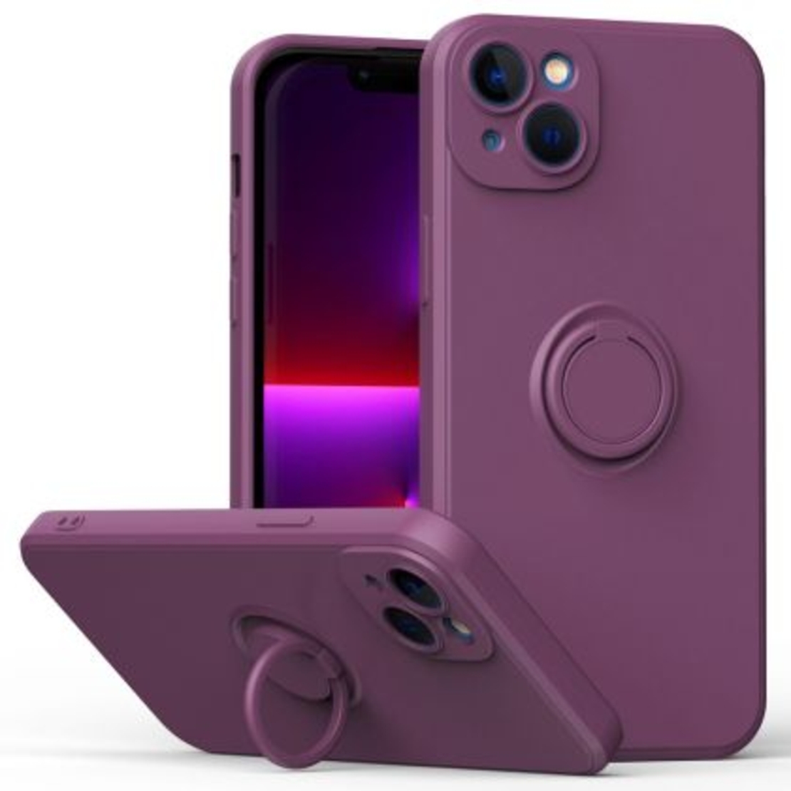 Кейс Vennus Silicone Ring за IPhone 14, Метален ринг, Защита около камерата, Лилав