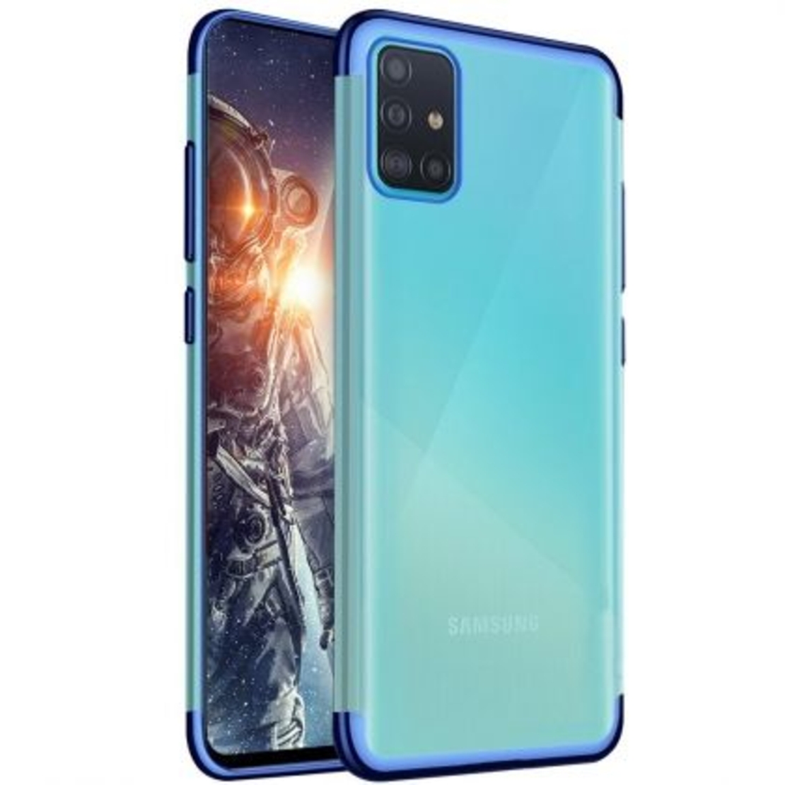 Силиконов прозрачен кейс New Electro за Samsung A715 Galaxy A71, Синя гланцирана рамка, Прозрачен