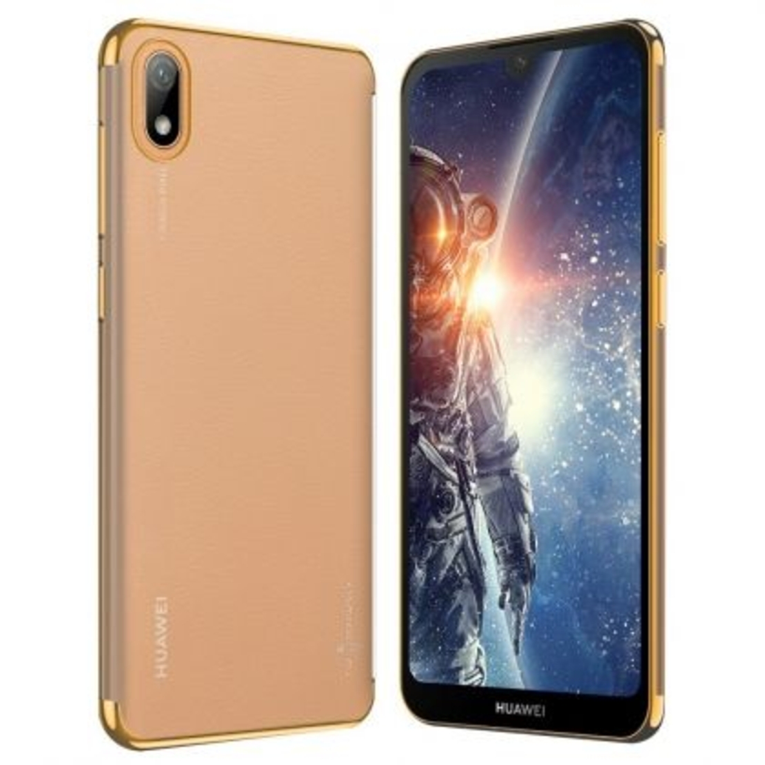 Силиконов прозрачен кейс New Electro за Huawei Y5 2019, Златна гланцирана рамка, Прозрачен