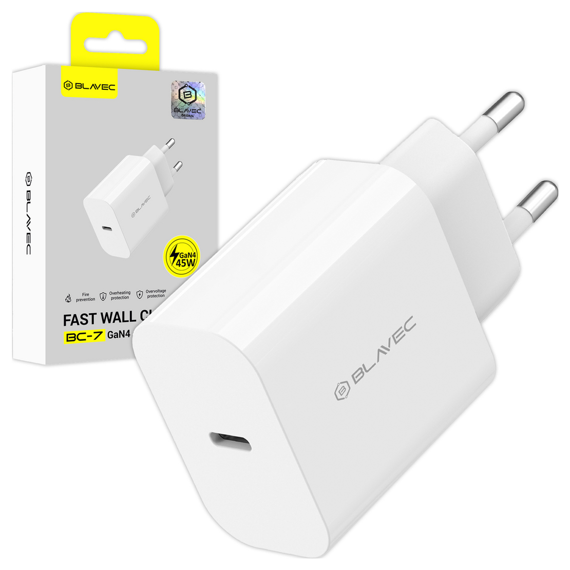 Зарядно адаптер Blavec, BC-7 GaN4, PD QC 45W 3A, Type-C, (TCBC7G4-CW453A), Бързо зареждане, Бяло