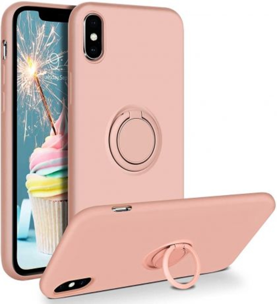 Кейс Vennus Silicone Ring за IPhone X/XS, Метален ринг, Светло розов