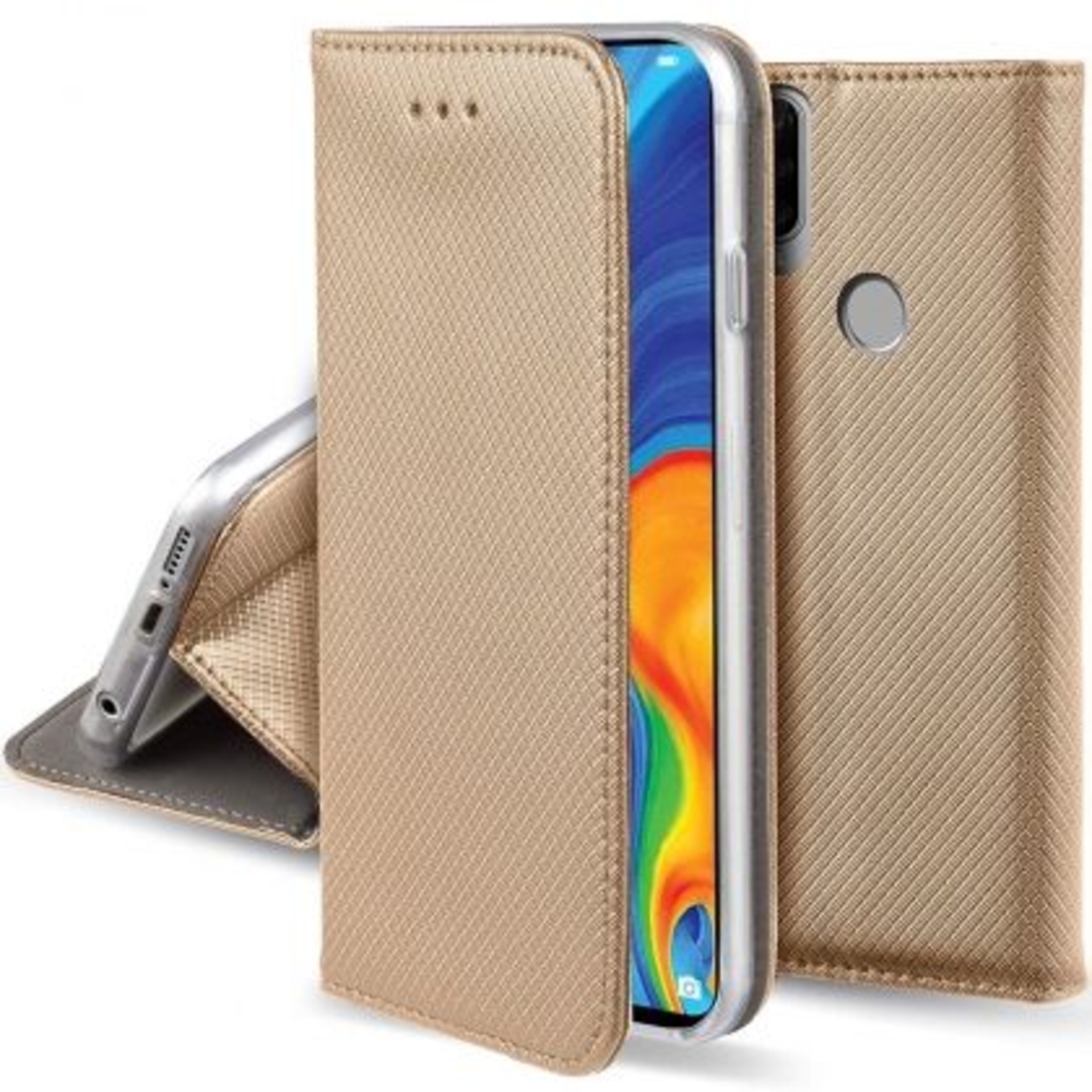 Кожен калъф Flip Book Smart за Huawei P30 Lite, Златен