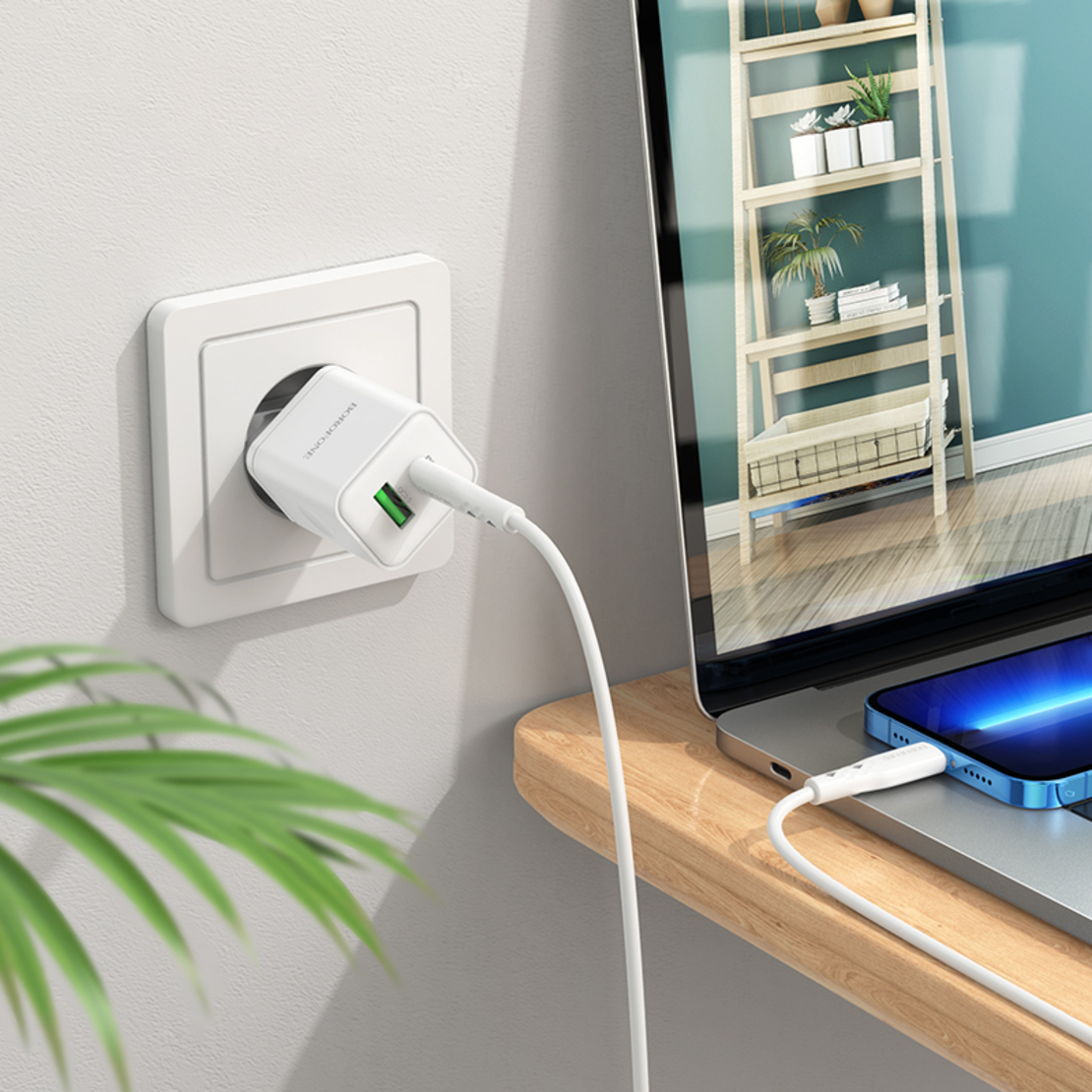 Зарядно адаптер Borofone, BN7 USB+Type C, QC3.0 PD20W, Бързо зареждане, Бяло