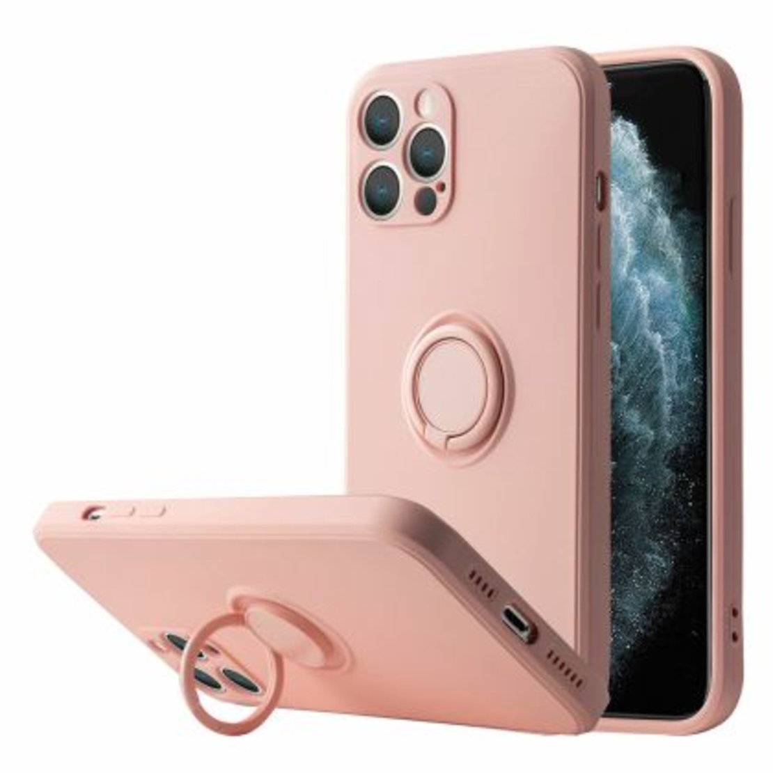Кейс Vennus Silicone Ring за IPhone 14 Pro, Метален ринг, Защита около камерата, Светло розов