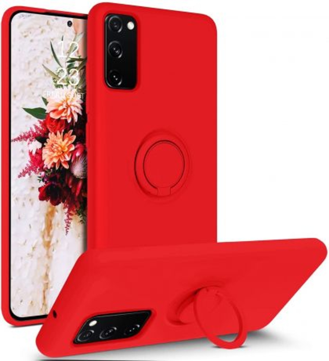 Кейс Vennus Silicone Ring за Samsung Galaxy S20 FE, Метален ринг, Силиконова връзка за ръката, Червен