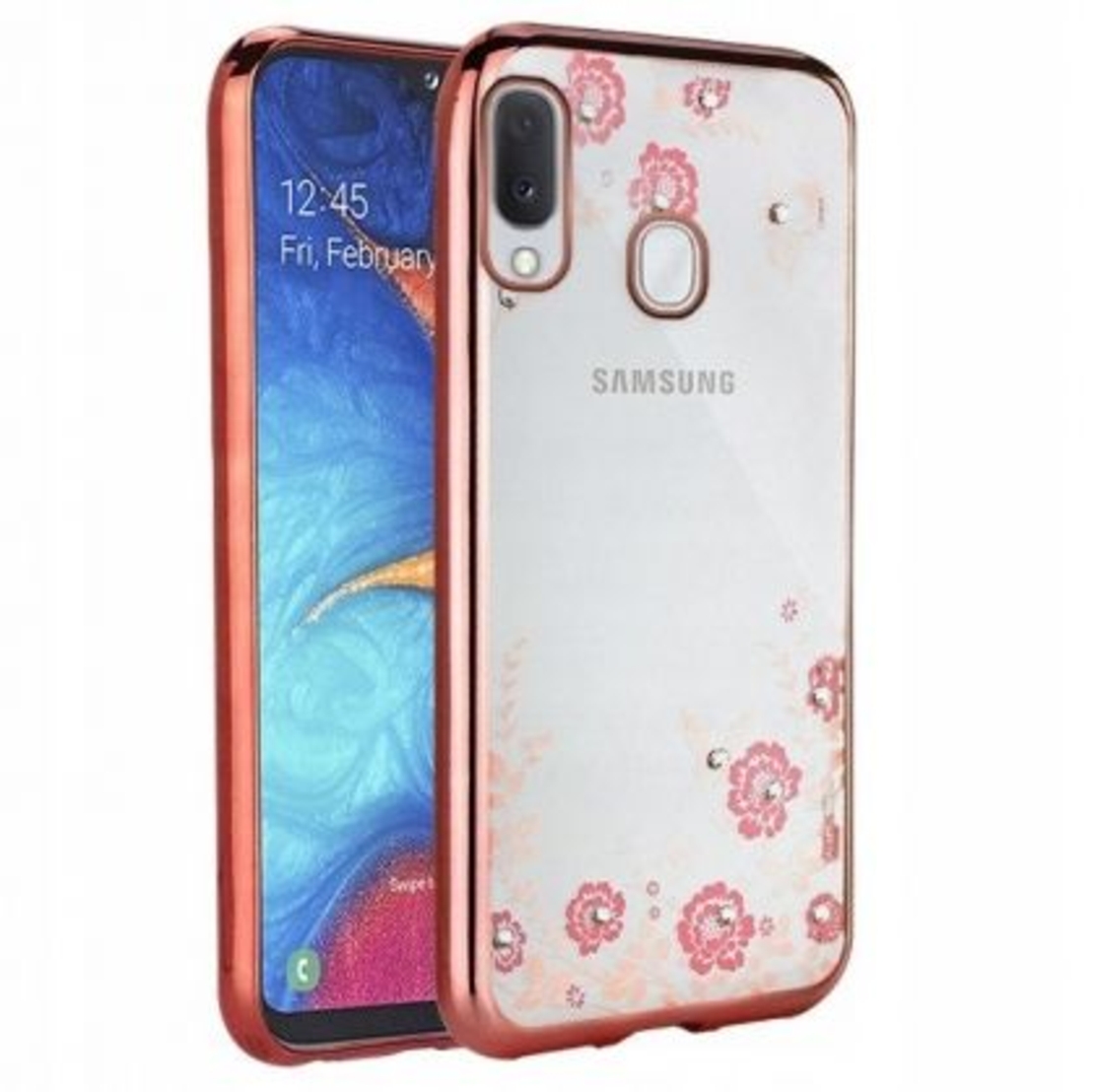 Силиконов гръб Flowers с камъни за Samsung A202 Galaxy A20e, Розово златен