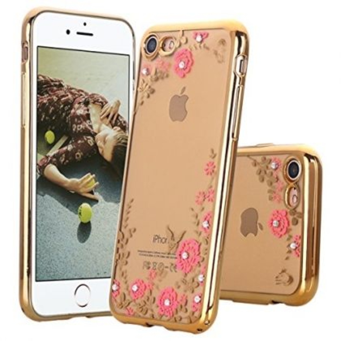 Луксозен гръб Flowers с камъни за IPhone 7/8, Златен