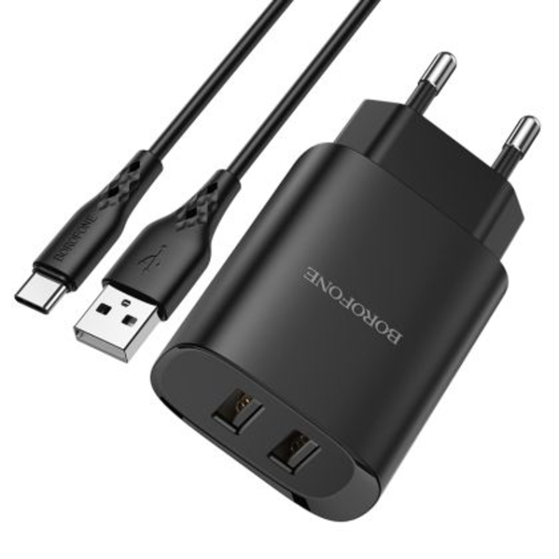 Мрежово зарядно Borofone, BN2 Super 2,1A, 2xUSB, Кабел USB-Type C, Черно