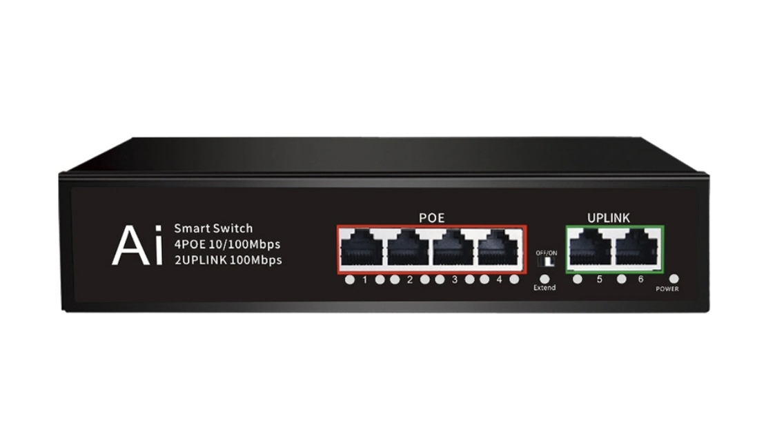 PoE Суич 10/100, 4 ports + 2 Uplink x 100Mbit, 1.2Gbps IEEE802.3af/at, 60W, 250m