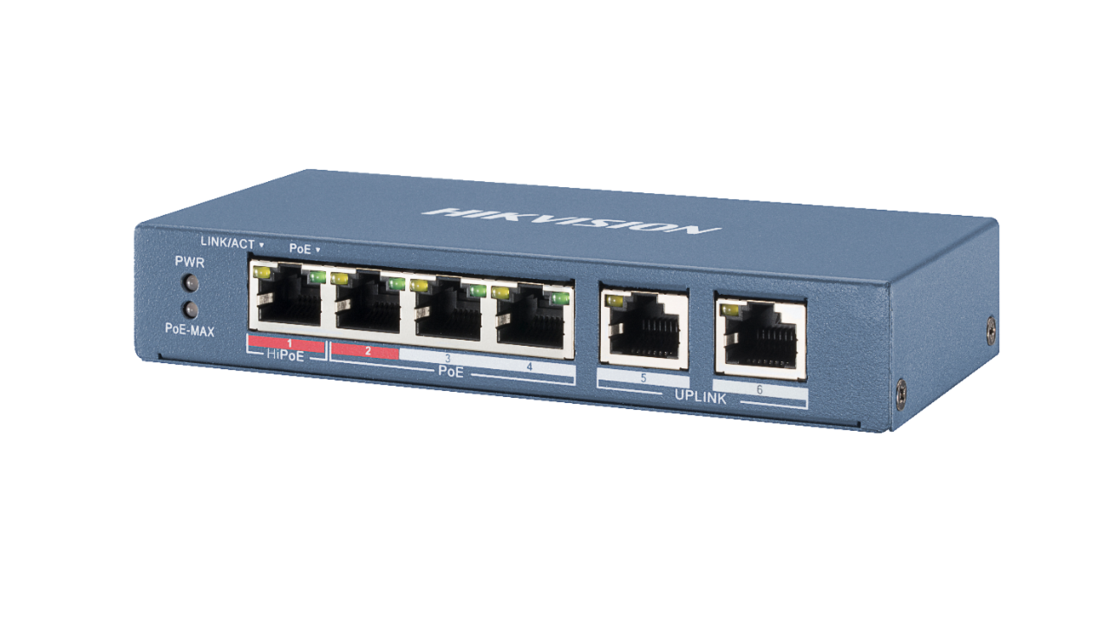 PoE СуичHikVision DS-3E0106HP-E, 100Mb, 60W, 4+2p
