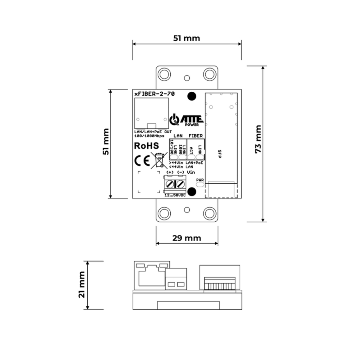 Гигабитов Ethernet–SFP конвертор 1 PoE OUT port, 1 SFP port - ATTE Power xFIBER-2-70