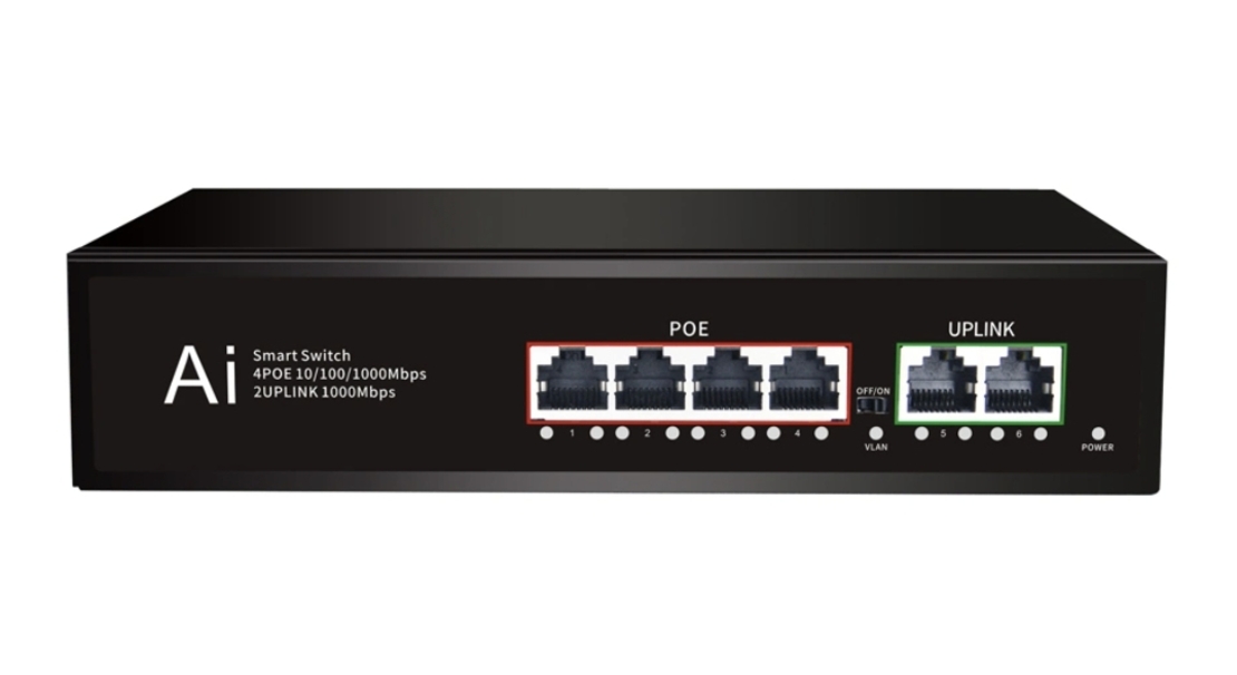 PoE Gigabit Суич 10/100/1000, 4 ports + 2 Uplink x 1000Mbit, 10Gbps IEEE802.3af/at, 65W, 250m