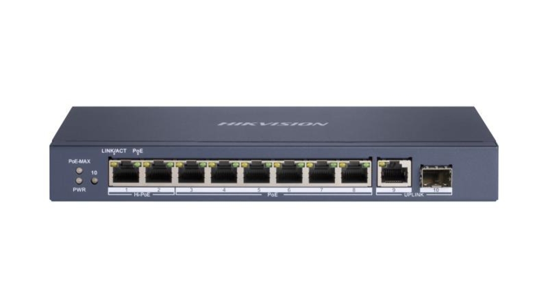 PoE СуичHikVision DS-3E0510HP-E, 6 × gigabit PoE ports, 2 × gigabit Hi-PoE ports, 1 × gigabit RJ45 port, and 1 × gigabit SFP