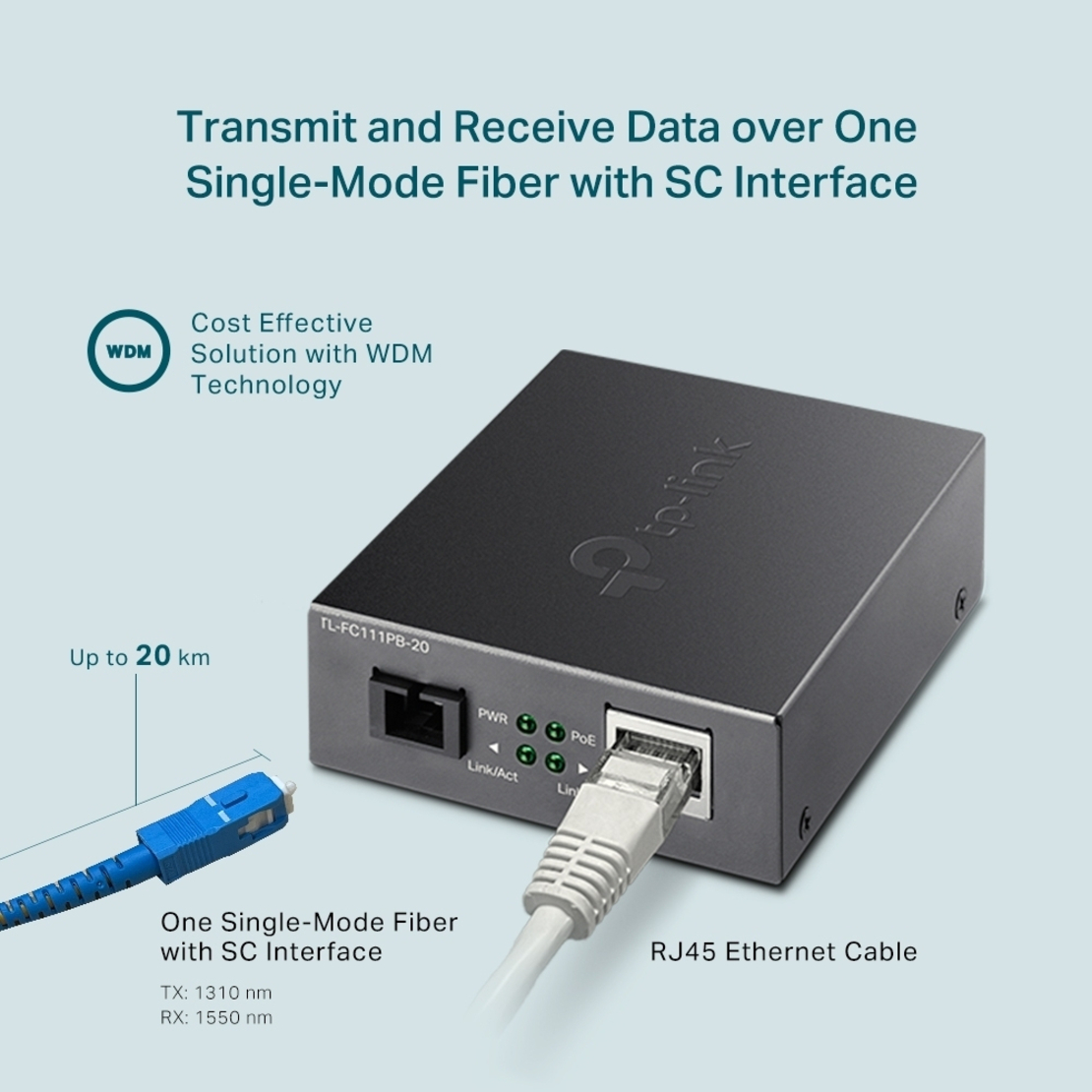 Медиен конвертор, 10/100 Mbps WDM 20км, 1 Poe порт, SC конектор, Сингъл мод - Omada by TP-Link FC111PB-20